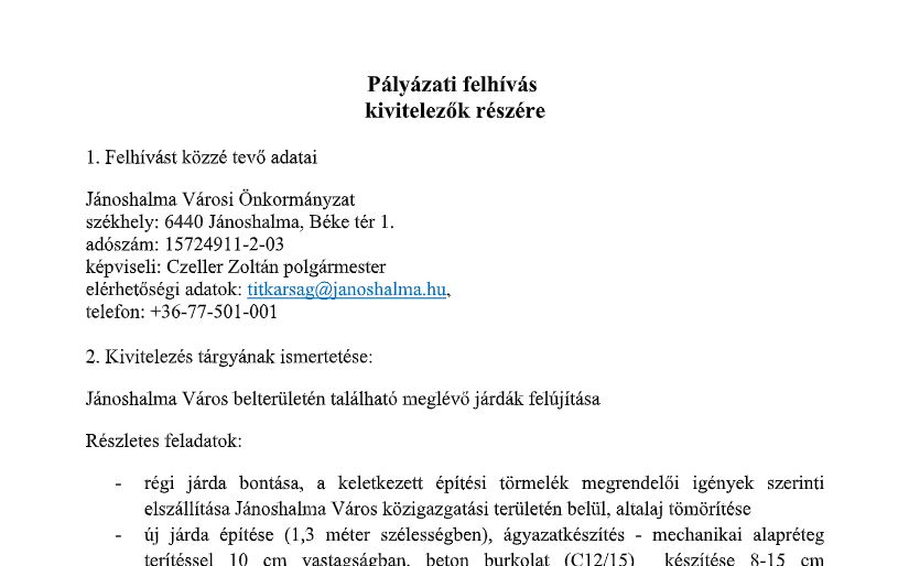 Pályázati felhívás kivitelezők részére